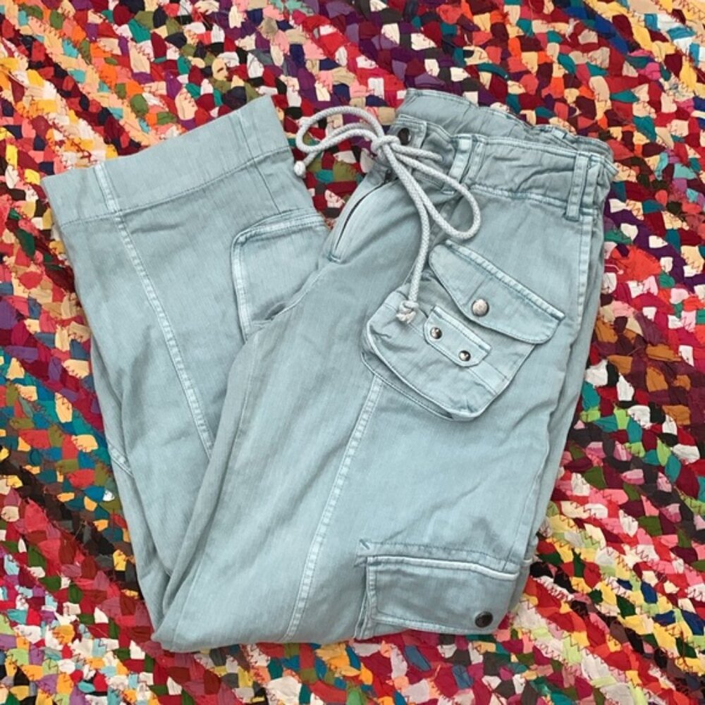 Free People Tahiti Light Blue Cotton Elastic Drawstring Waist Cargo Pants - Picture 4 of 8